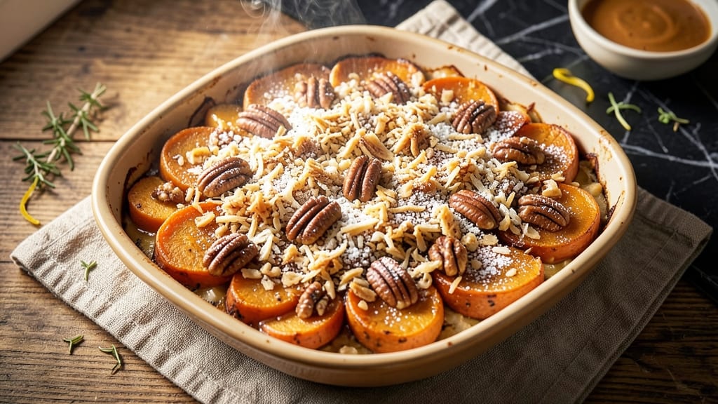 Sweet Potato Casserole Recipe with Pecan and Coconut Topping: Crunchy Nut-Coconut Crust Over Silky Spiced Potatoes