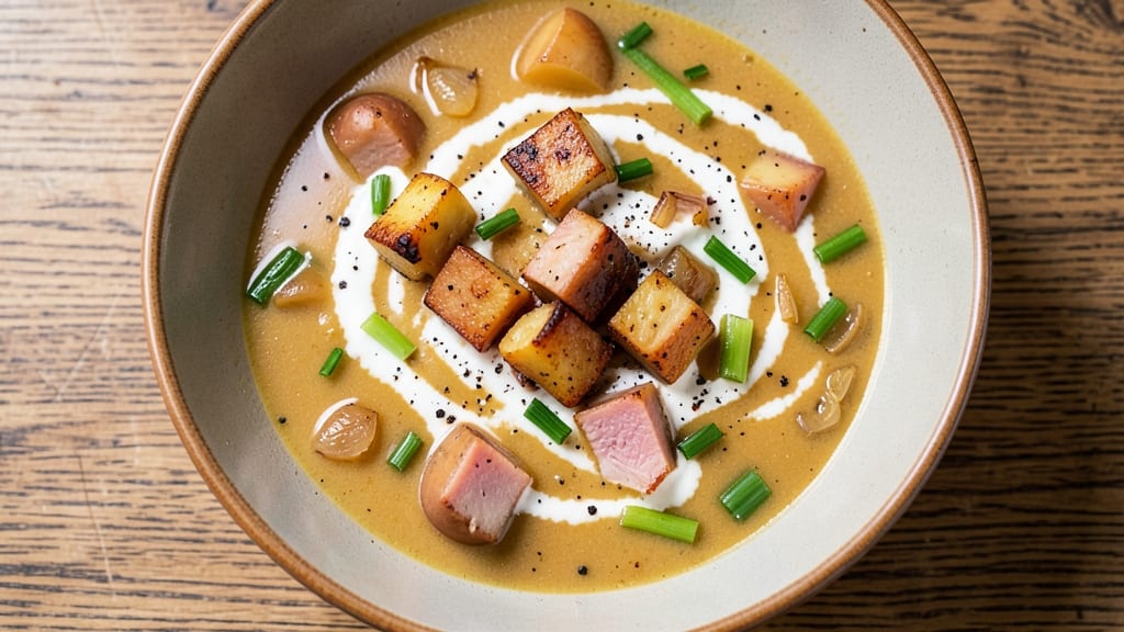 Baked Potato And Ham Soup Recipe: Crispy Celery Crown Over Savory Herb Swirl