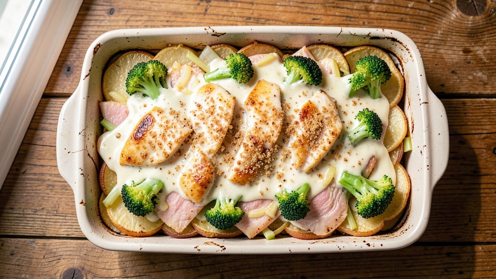 Baked Potato Chicken and Broccoli Casserole Recipe: One-Pan Cheesy Crunch With Golden Celery Topping