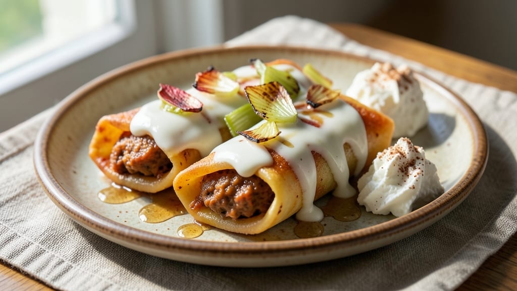Sweet Potato Cannelloni Recipe: Celery Crown Crunch Over Spiced Custard Bliss