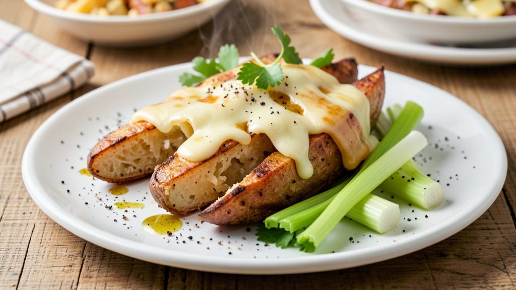 Baked Potato Quarters Recipe: Crispy Celery Crown Over Creamy Cheese Bliss