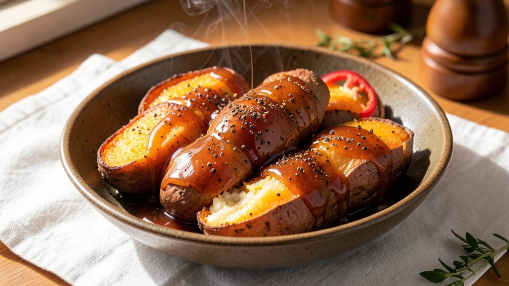 Baked Sweet Potato Dinner Recipe: Spiced Rum Glaze and Crispy Celery Crown