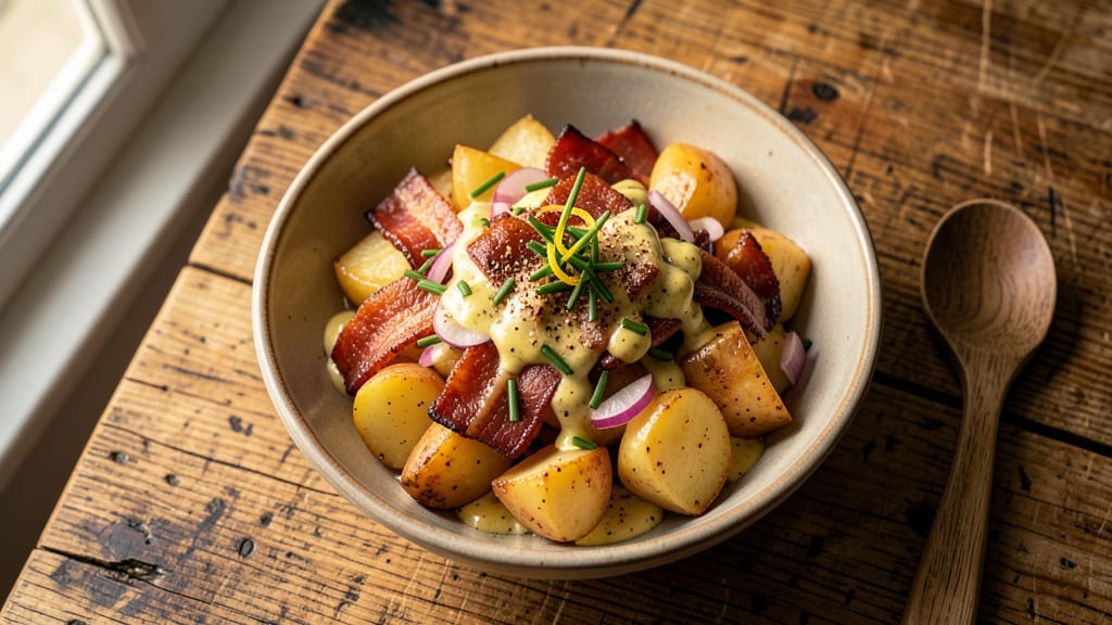 Old Fashioned German Potato Salad Recipe with Bacon: Crispy Bacon Bits and Tangy Mustard Vinaigrette