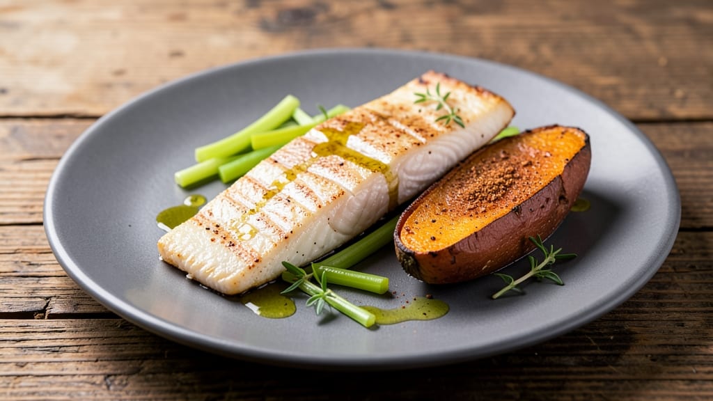 Whitefish and Sweet Potato Recipe: Crispy Celery Crown Over Silky Spiced Potatoes