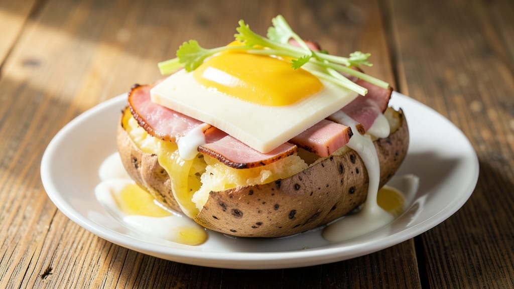 Baked Potato with Ham and Cheese Recipe: Crispy Celery Crown Over Melty Cheddar Bliss
