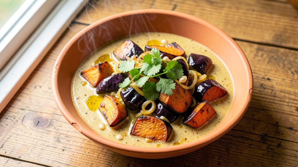 Sweet Potato and Eggplant Curry Recipe: Spiced Roasted Roots With Coconut Cream Velvety