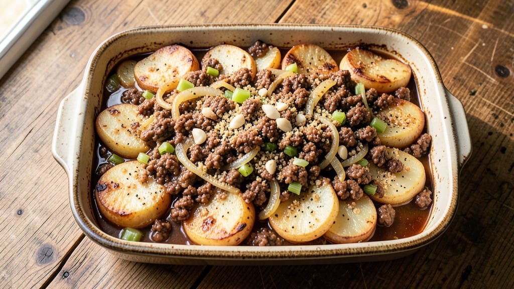 Beefy Potato Casserole Recipe: Hearty One-Pan Dinner With Crispy Celery Crown