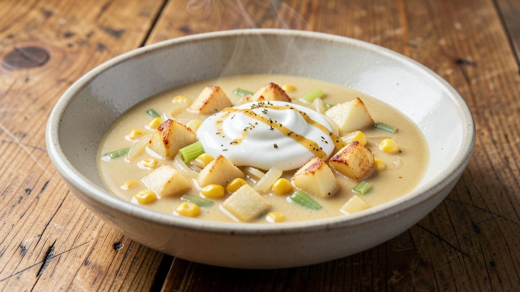 Baked Potato Corn Chowder Recipe: Creamy Velvety Texture With Crispy Celery Crown