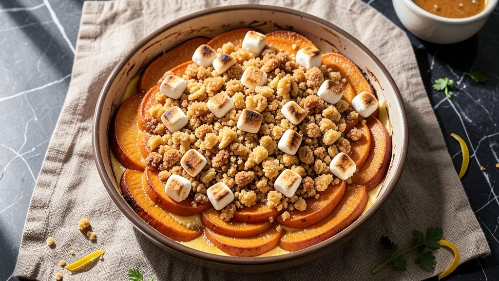 Sweet Potato Casserole Recipe With Streusel and Marshmallows: Buttery Streusel Crunch Over Gooey Marshmallow Heaven