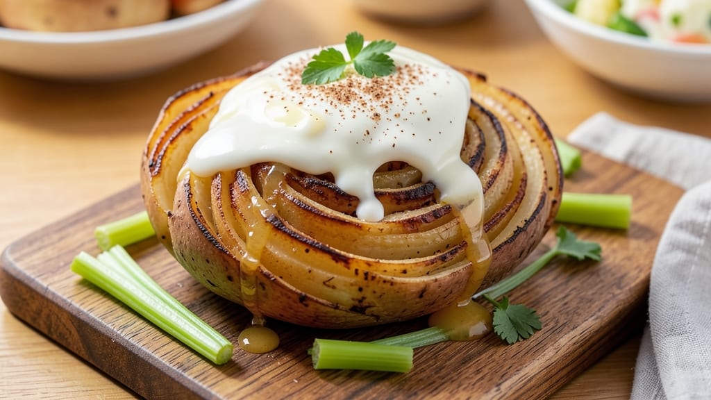 Baked Marble Potato Recipe: Crispy Celery Crown Over Nutmeg Cream Cheese Bliss