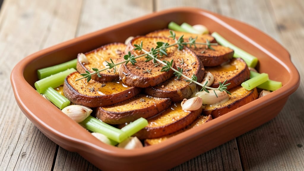 Spiced Sweet Potato Tian Recipe: Layers of Caramelized Sweetness and Crispy Celery Crown