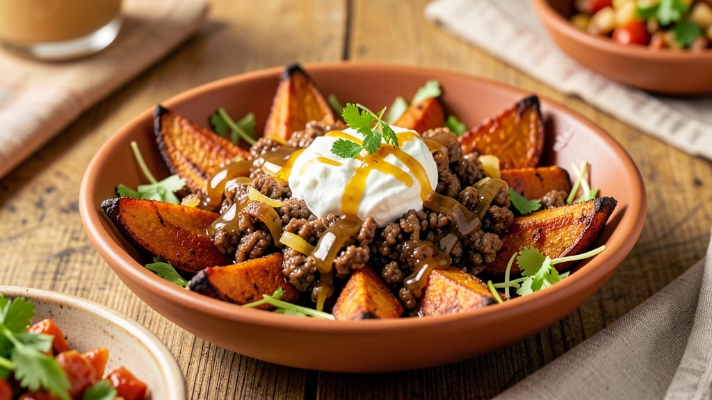 Sweet Potato Ground Beef Cottage Cheese Hot Honey Recipe: Crispy Celery Crown Over Spiced Rum Cream Cheese Bliss
